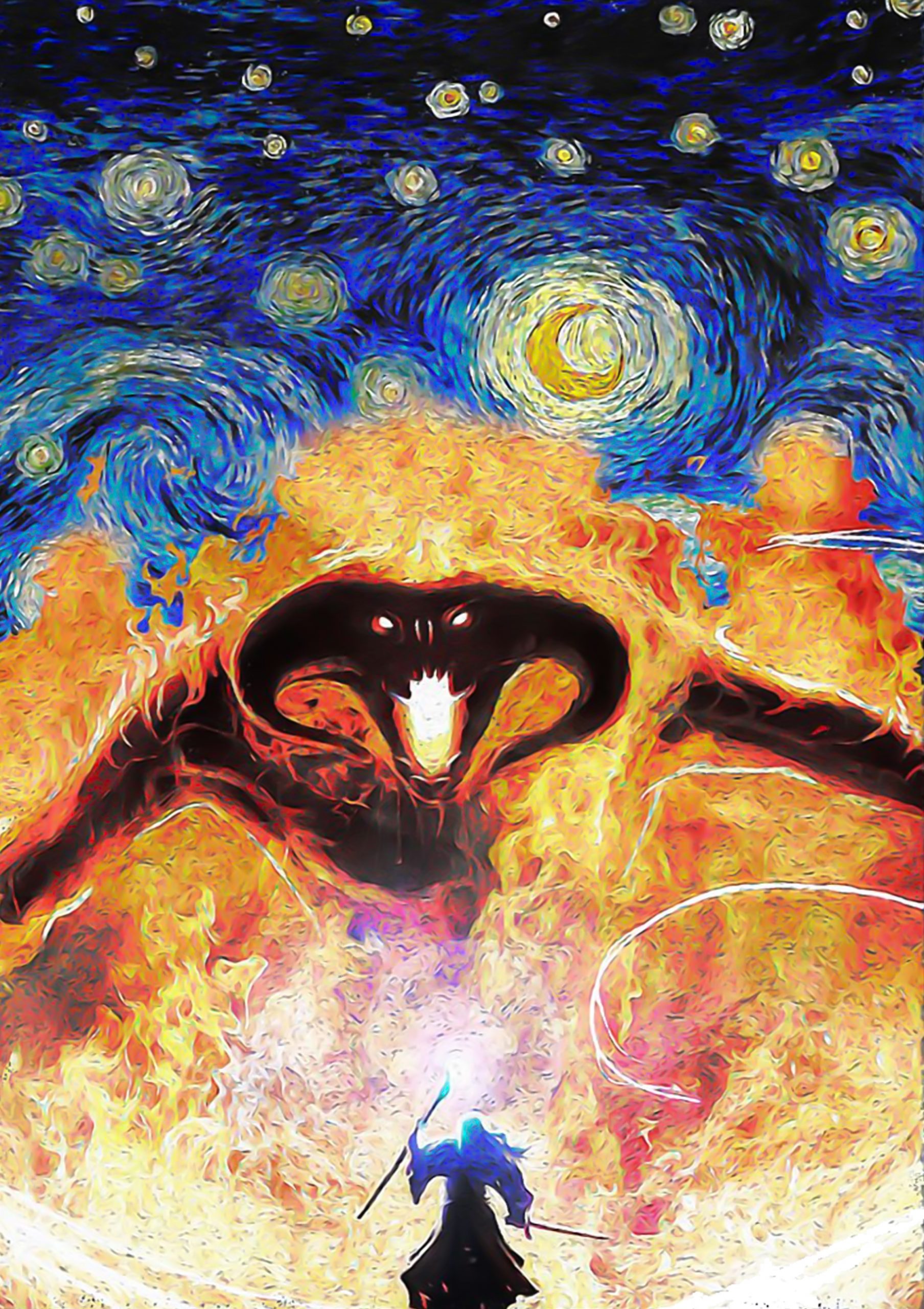 Balrog and Gandalf Lord of The Rings starry night poster