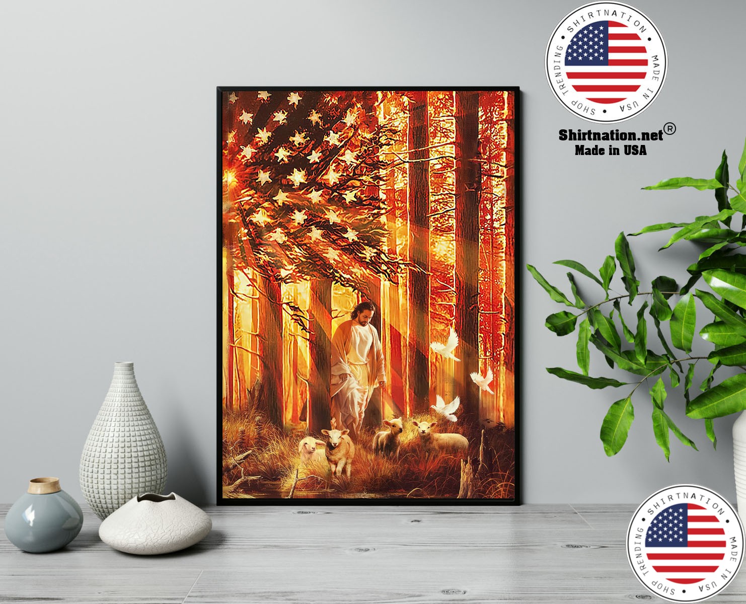 American flag Jesus walking with the lambs poster canvas 13