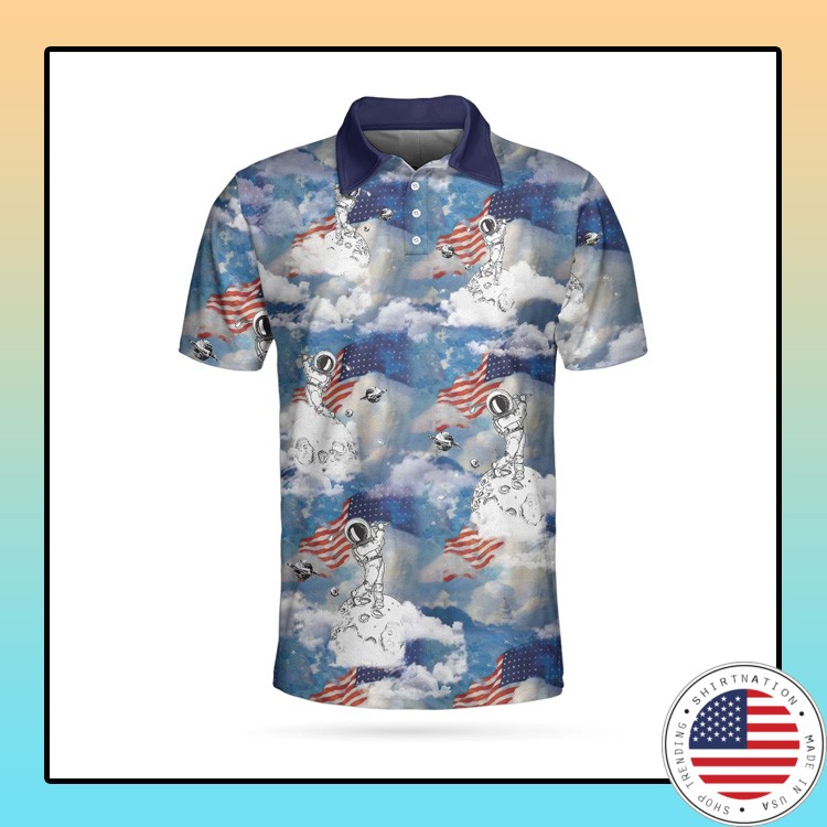Astronaut Plays Golf In Space American Flag Polo Shirt