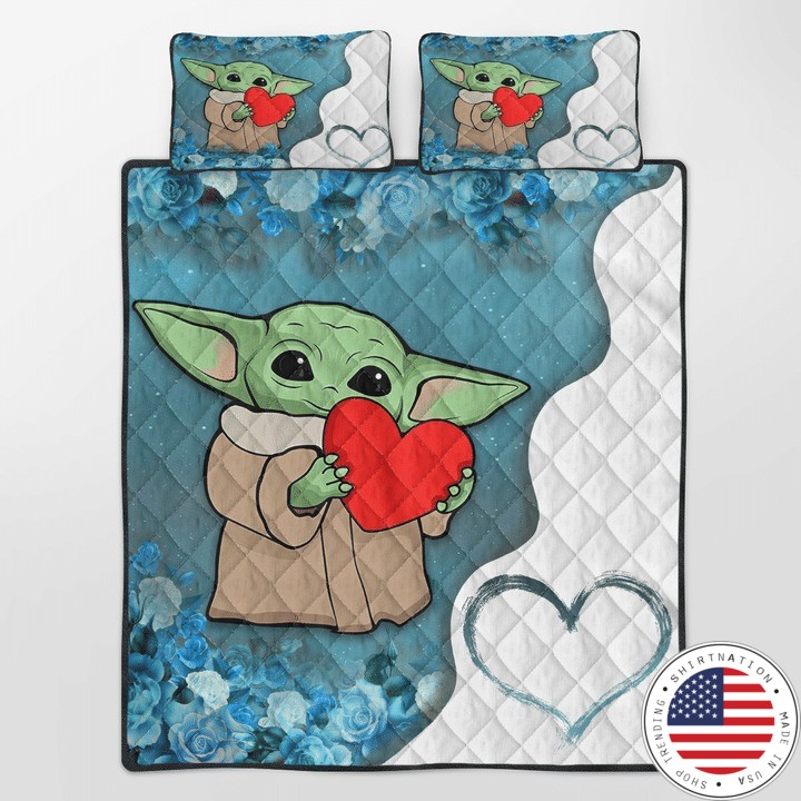Baby Yoda heart flower quilt bedding set2