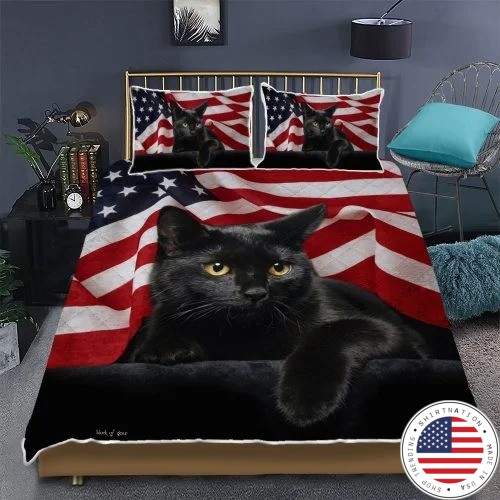 Black cat American flag quilt bedding set2