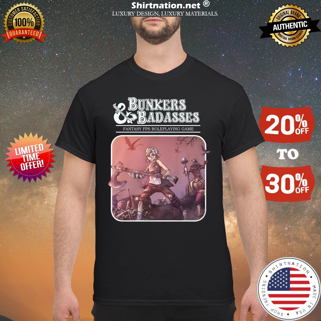Bunkers and badasses fantasy fps game shirt