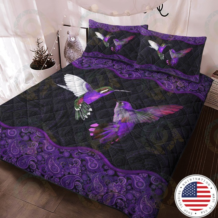Hummingbird couple purple quilt bedding set2
