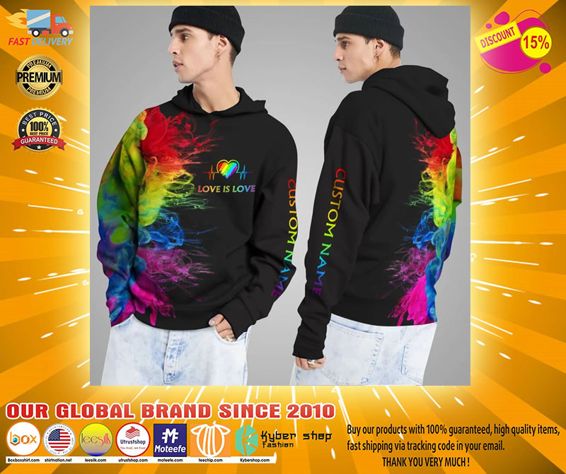 LGBT Love is love rainbow heartbeats custom name 3D hoodie2