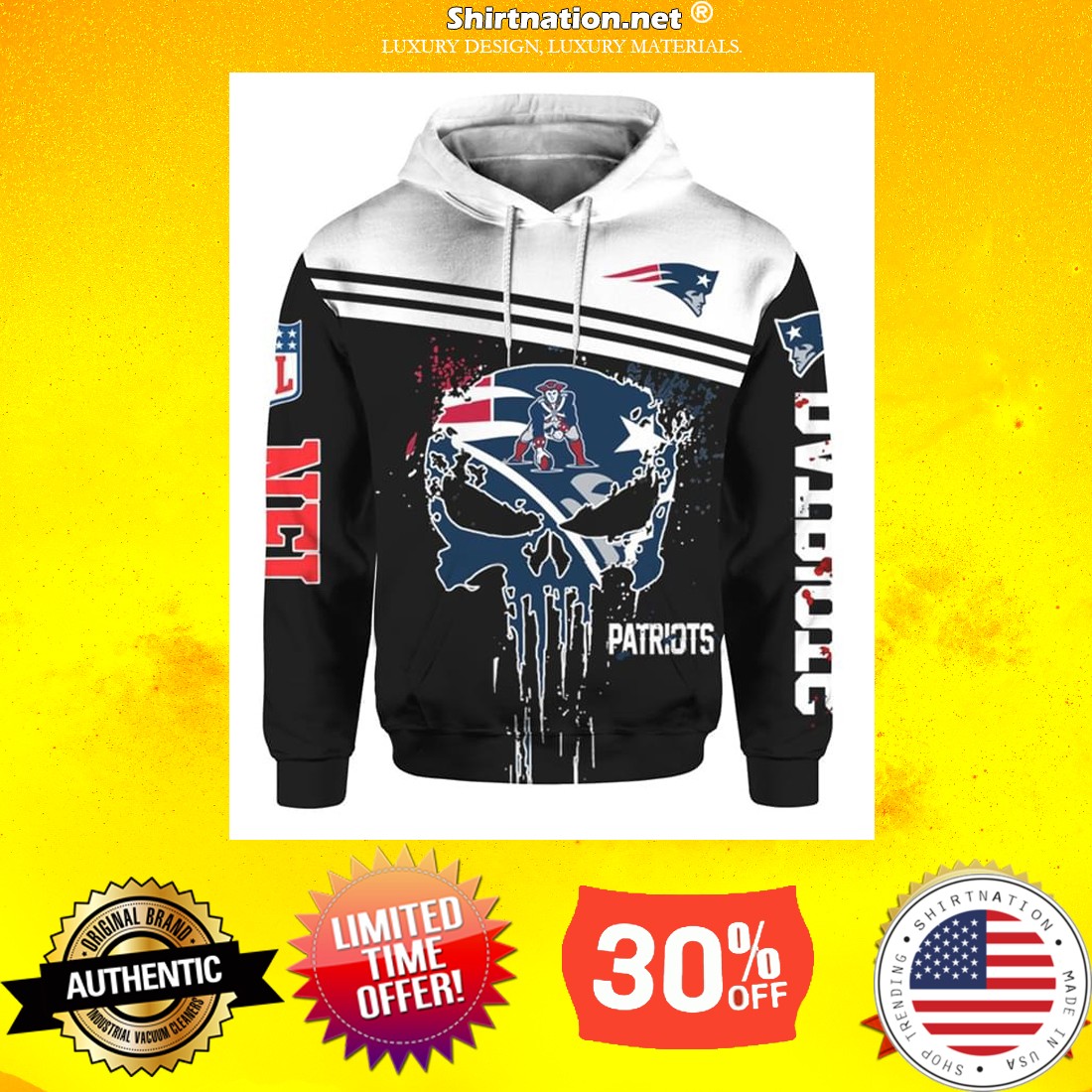 Punisher skull New England Patriots 3d hoodie