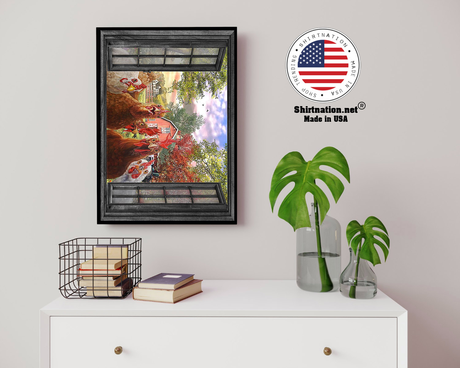 Rooster farmer window view poster 14