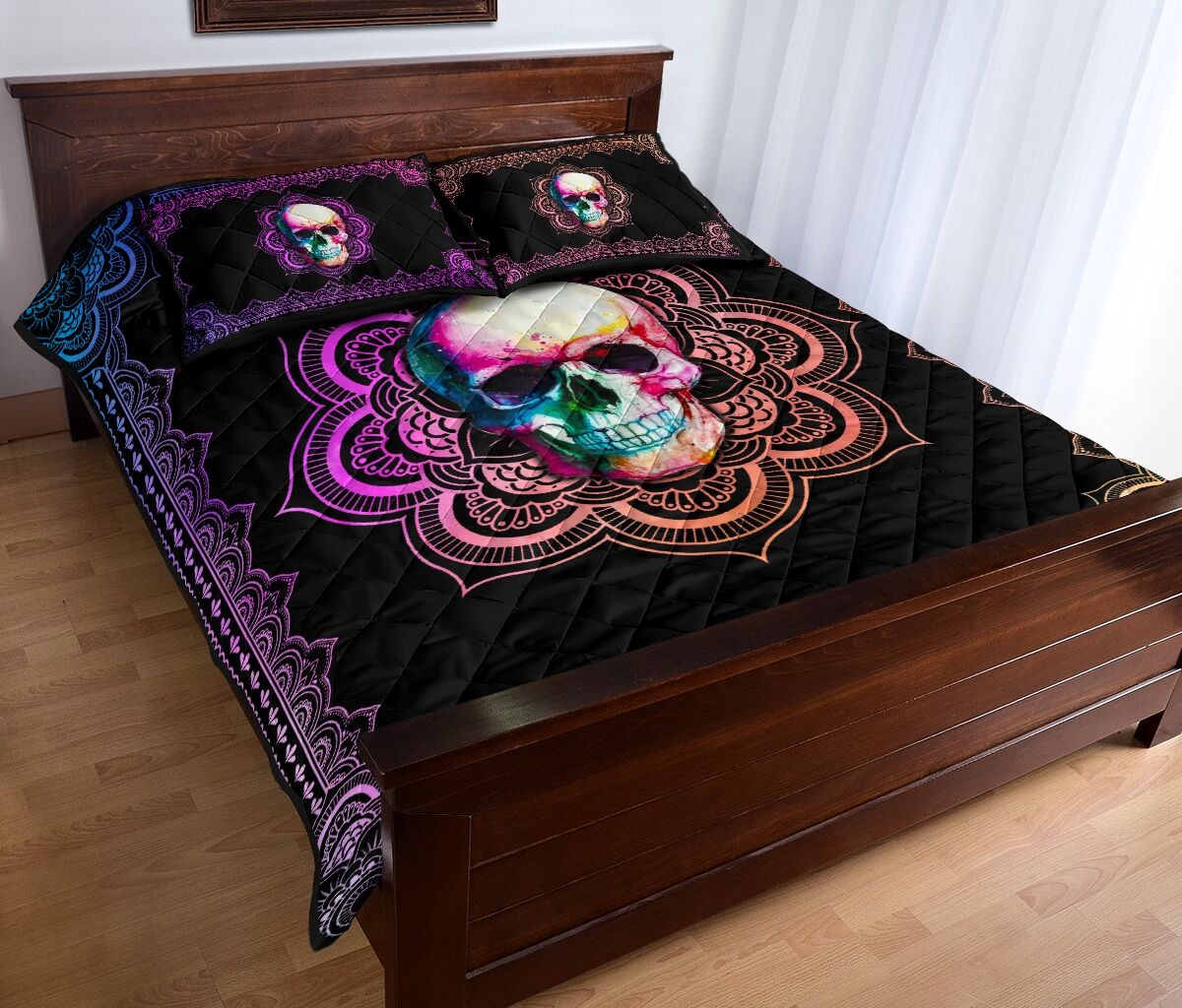 Skull mandala color quilt bedding set2