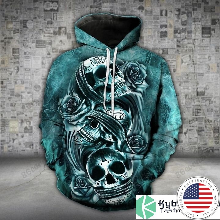 Skull trio turquoise 3D hoodie and legging 4