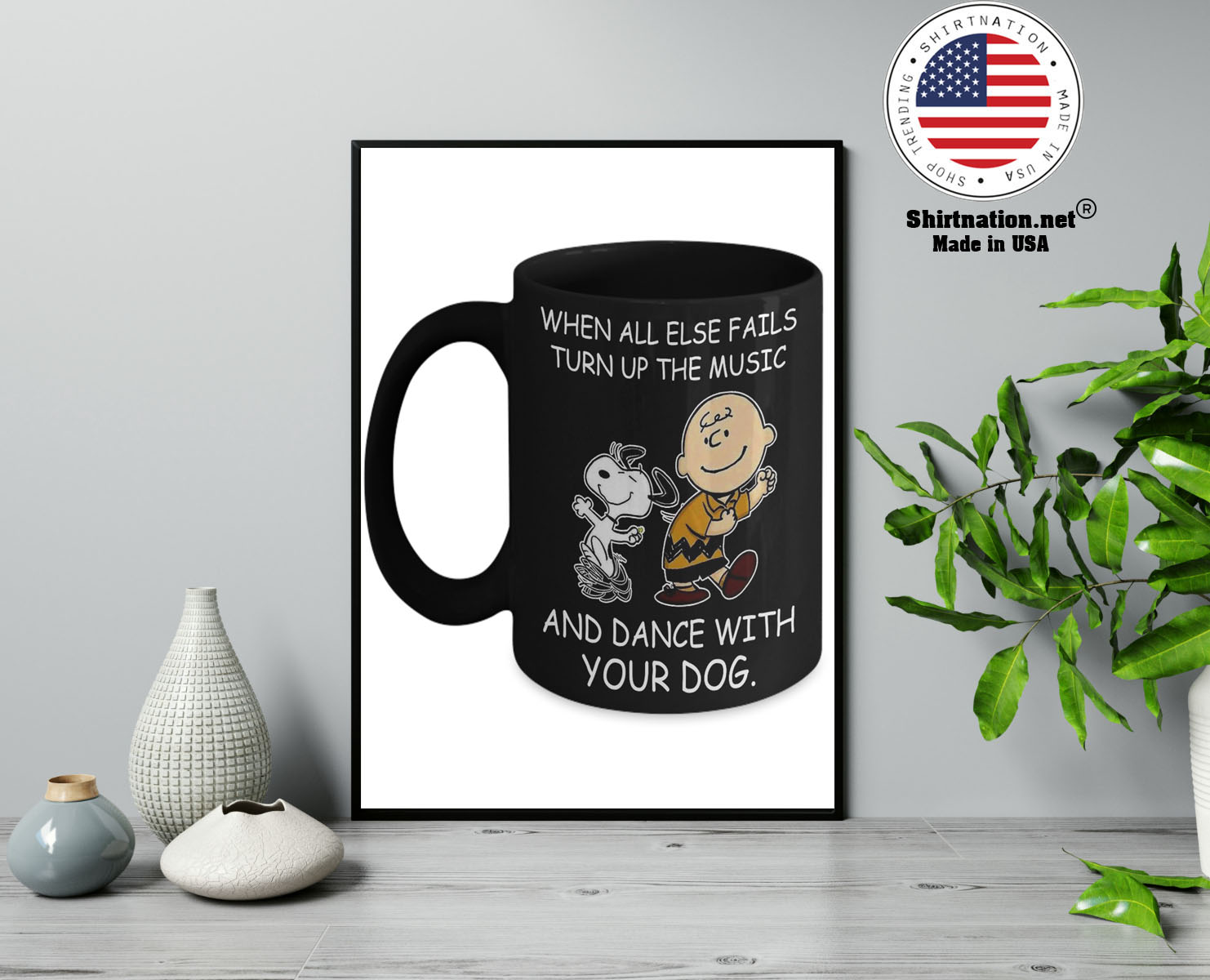 Snoopy and Charlie Brown When all else fails turn up the music and dance with your dog mug 14