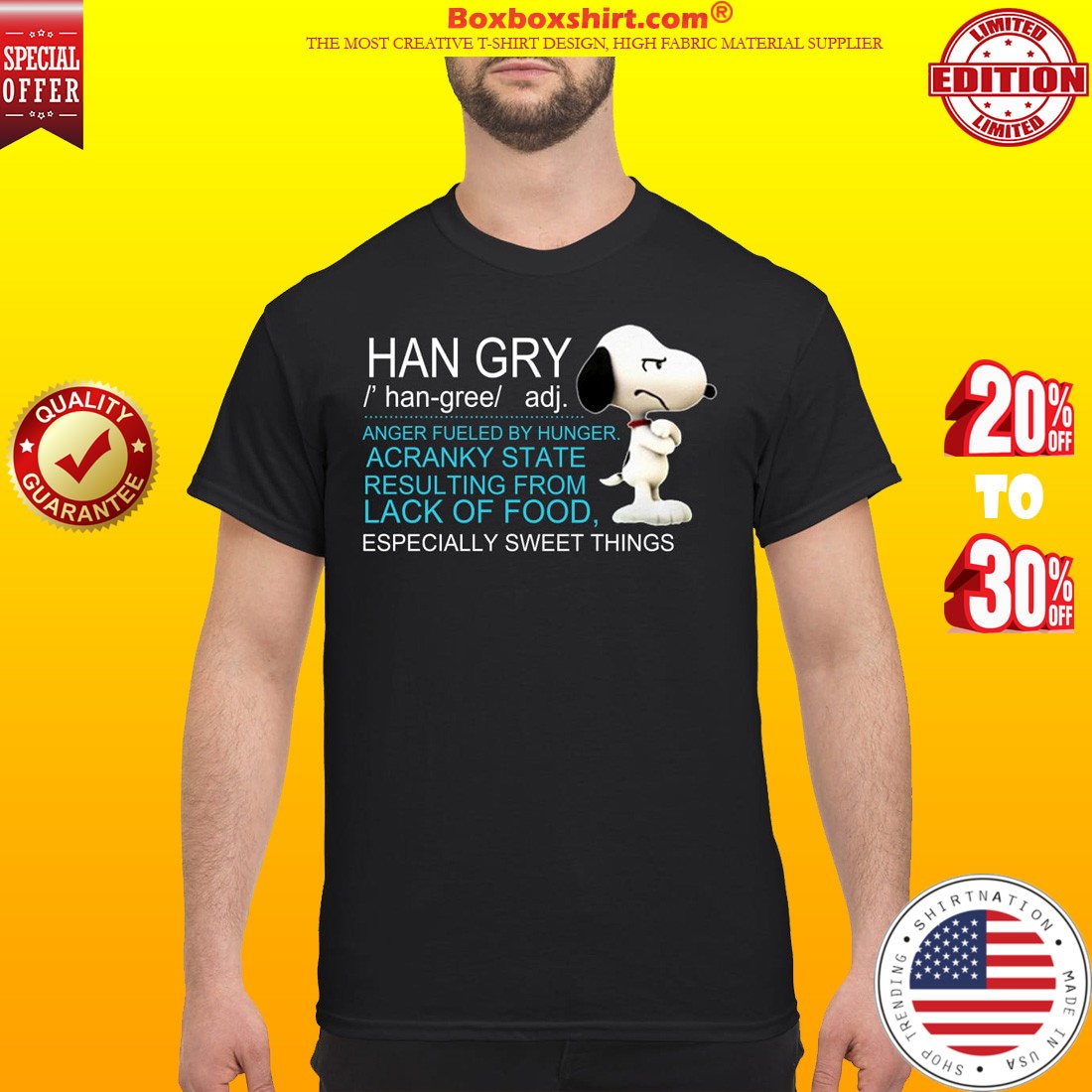 Snoopy han gry anger fueled by hunger acranky state result from lfood shirt