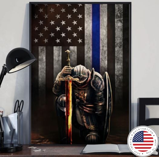 Warrior knight american blue line flag canvas 3