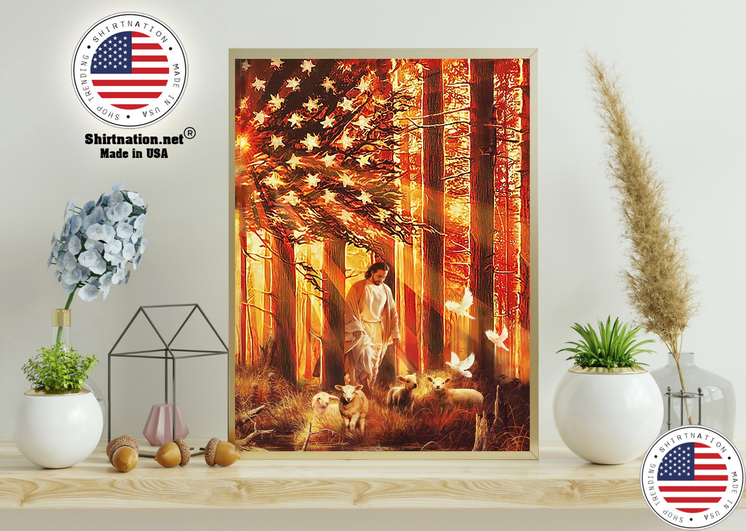 American flag Jesus walking with the lambs poster canvas 11