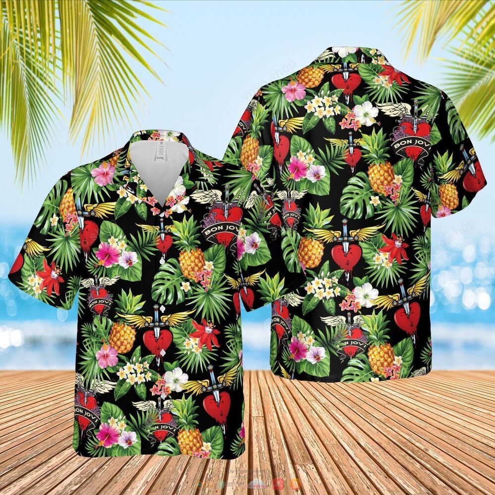 Bon Jovi band black green pineapple Hawaiian Shirt shorts