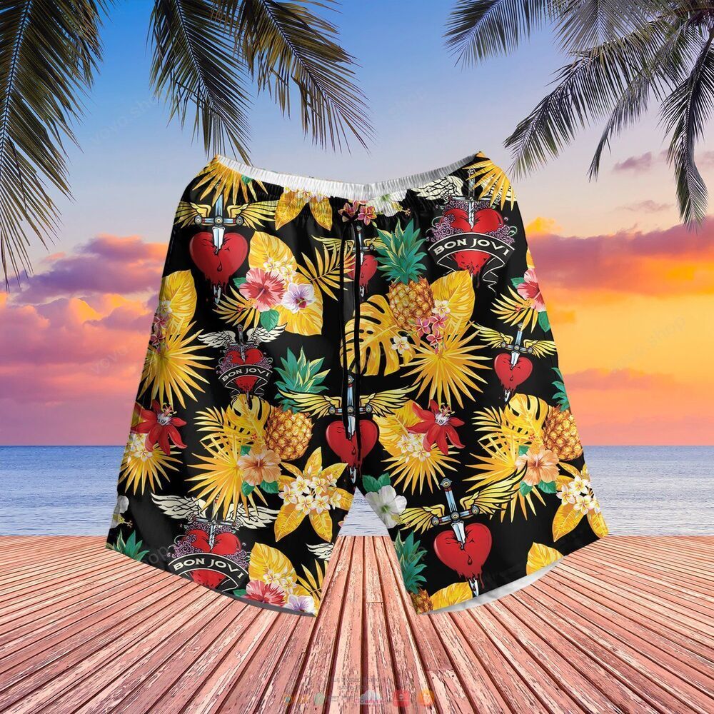 Bon Jovi band black yellow pineapple Hawaiian Shirt shorts 1
