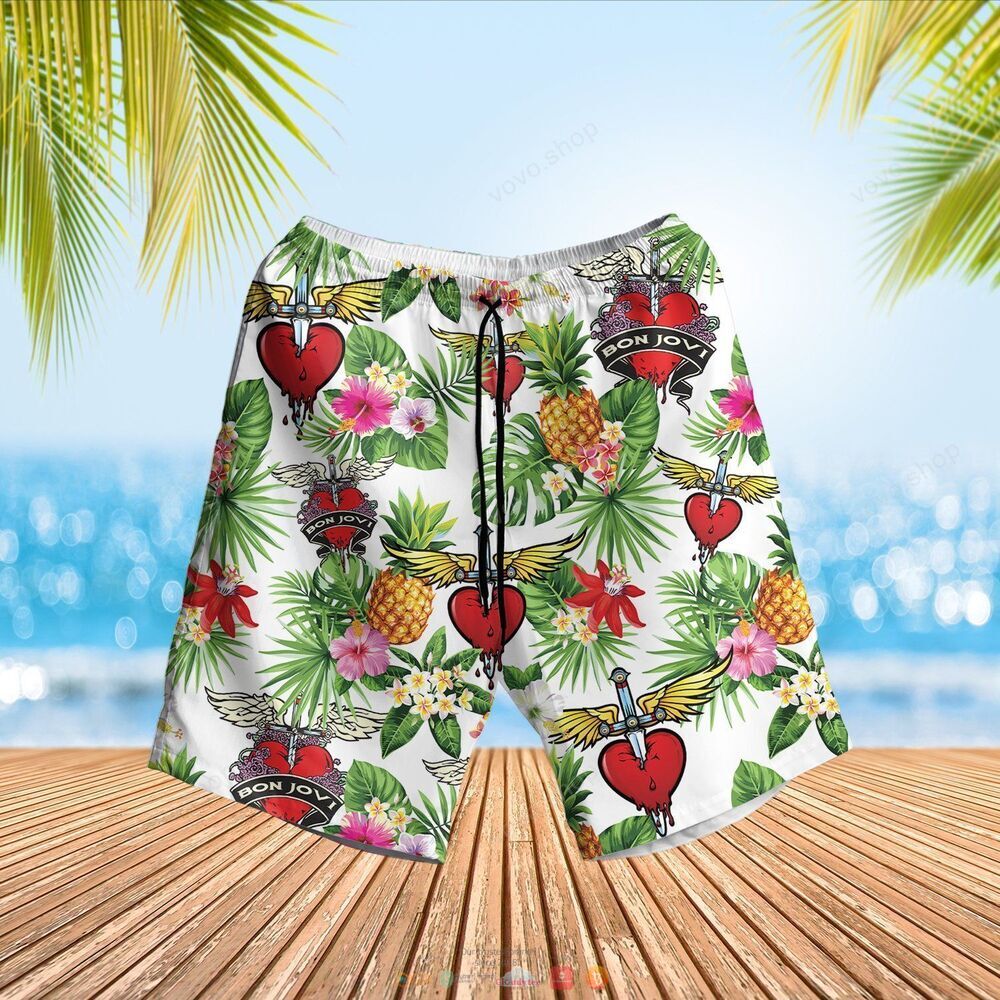 Bon Jovi band white green pineapple Hawaiian Shirt shorts 1