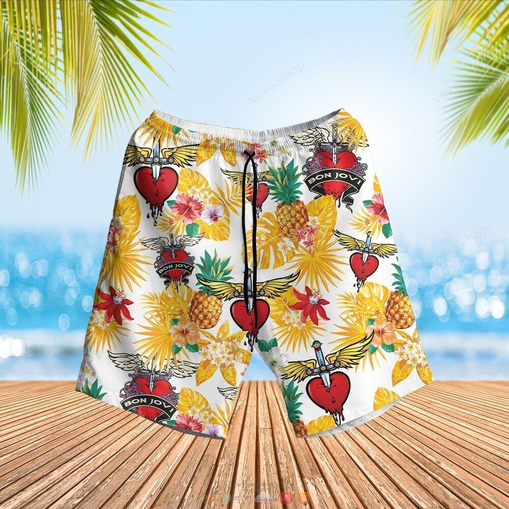 Bon Jovi band white yellow pineapple Hawaiian Shirt shorts 1