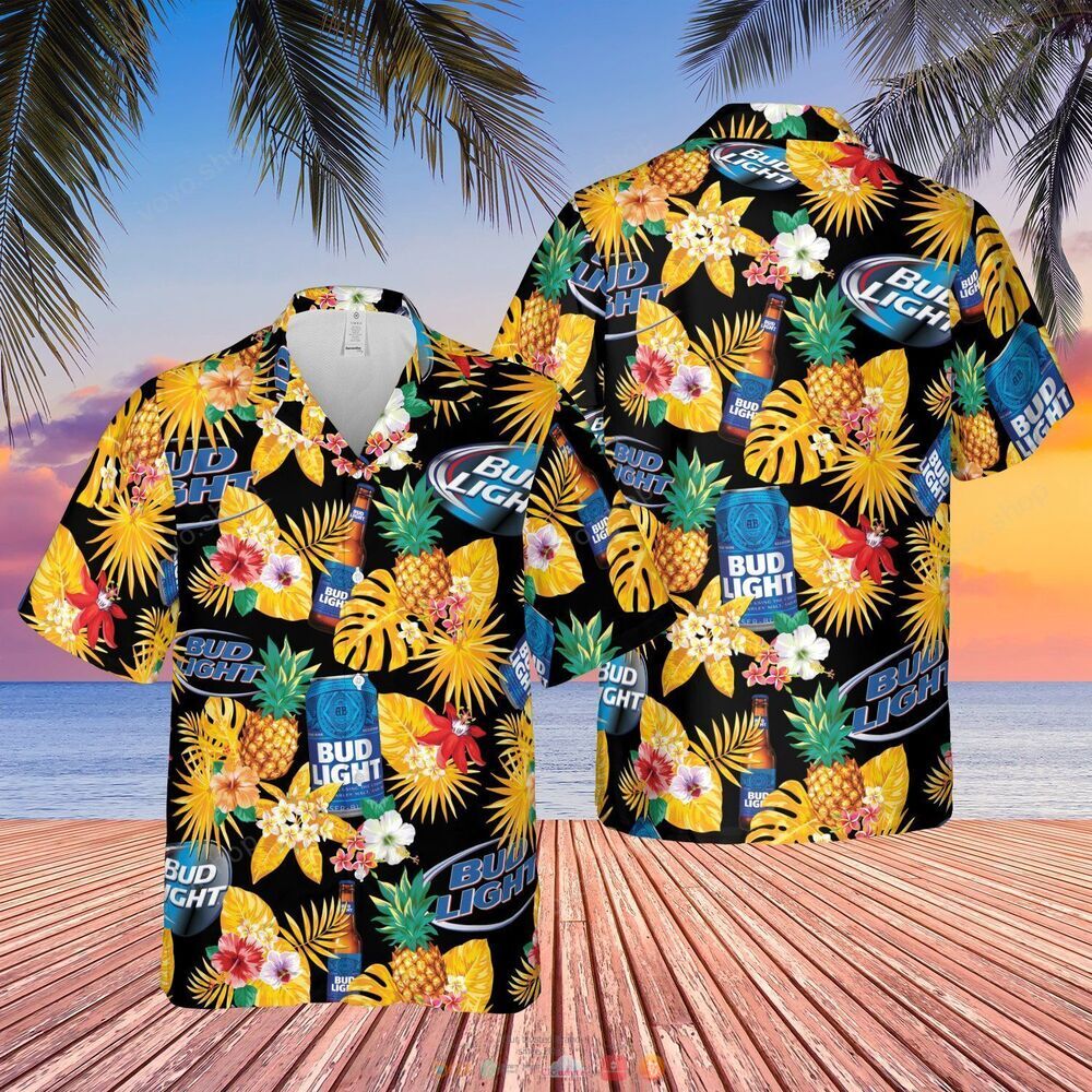 Bud Light Beer black yellow pineapple Hawaiian Shirt shorts
