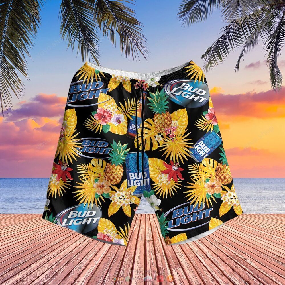 Bud Light Beer black yellow pineapple Hawaiian Shirt shorts 1
