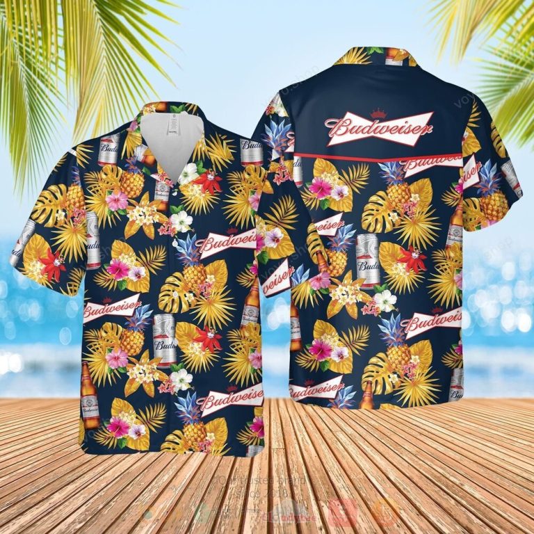 Budweiser Yellow Navy Hawaiian Shirt Short