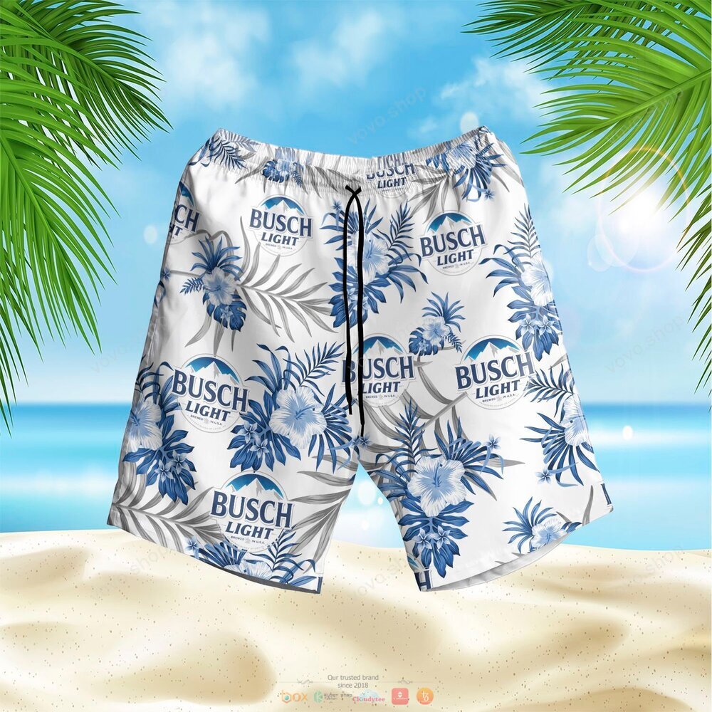 Busch Light white blue tropical flowers Hawaiian Shirt shorts 1