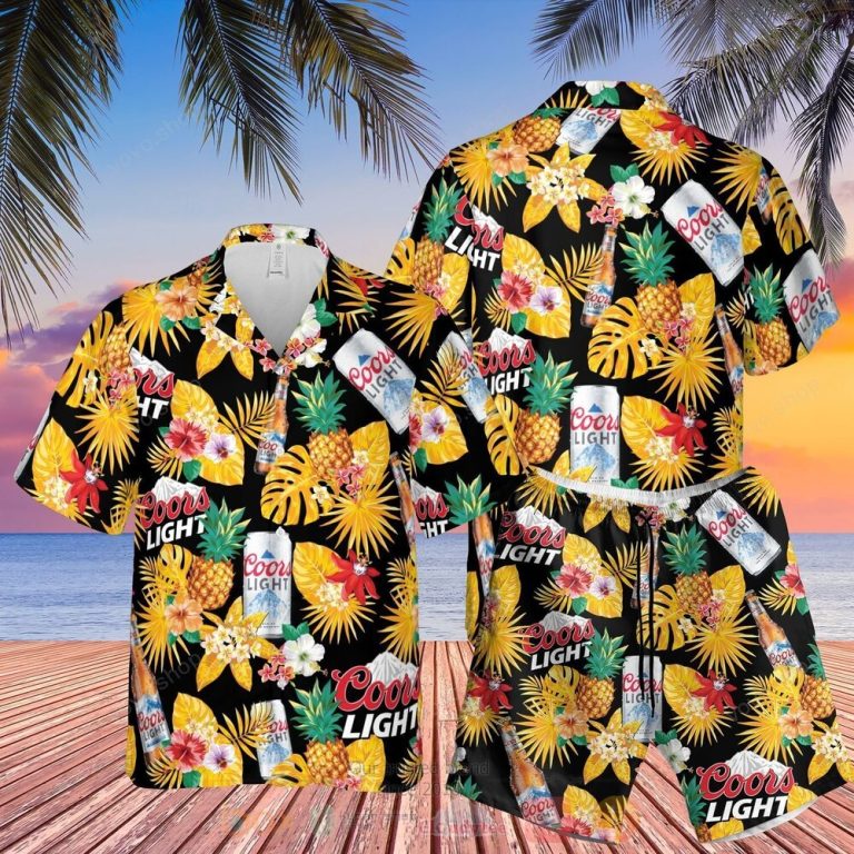 Coors Light Yellow Black Hawaiian Shirt Short