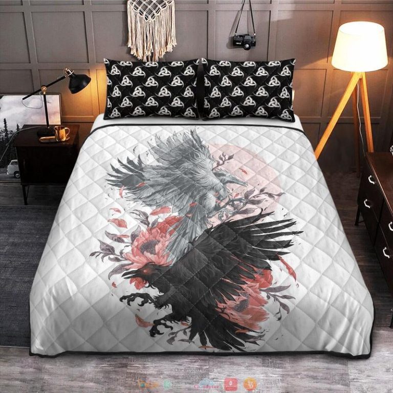 Hugin And Munin white Viking Quilt Bedding Set