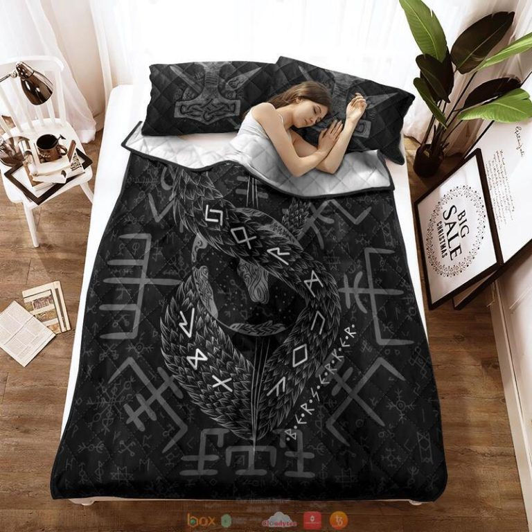 Jormungandr rune Viking black Quilt Bedding Set 1 2