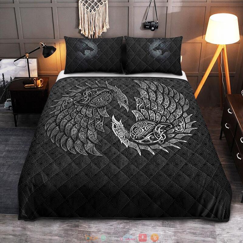 Raven And Wolf Fenrir Viking Quilt Bedding Set