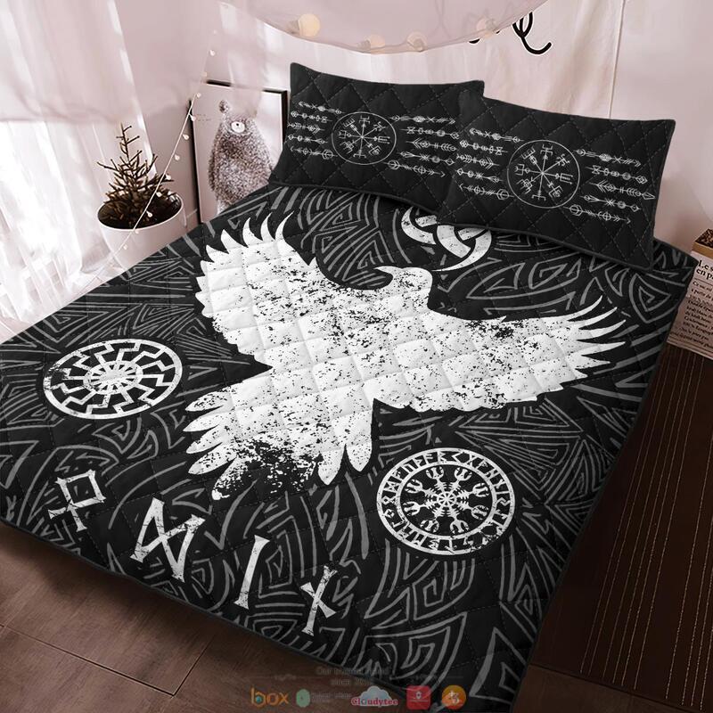 Raven Vegvisir black Viking Quilt Bedding Set