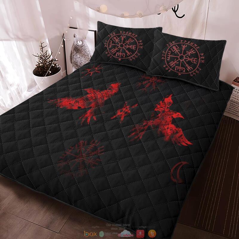 Red Raven And Vegvisir Viking Quilt Bedding Set