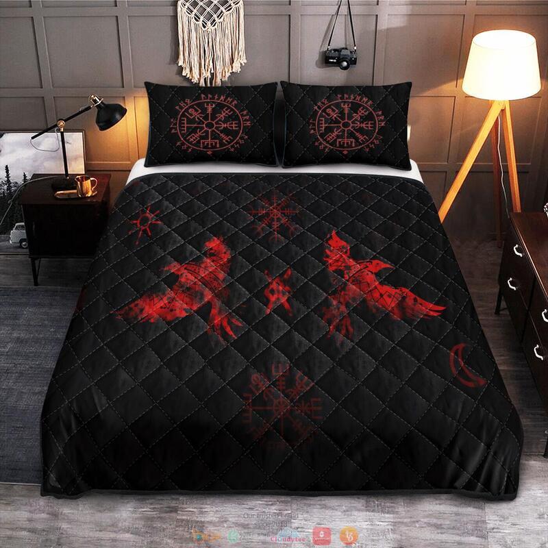 Red Raven And Vegvisir Viking Quilt Bedding Set 1
