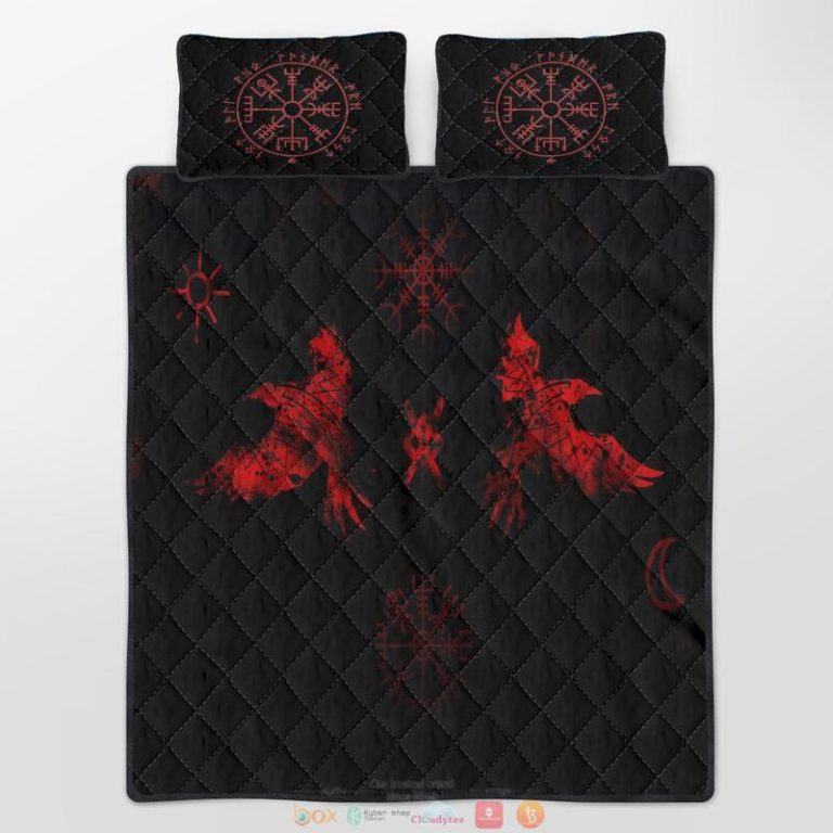 Red Raven And Vegvisir Viking Quilt Bedding Set 1 2