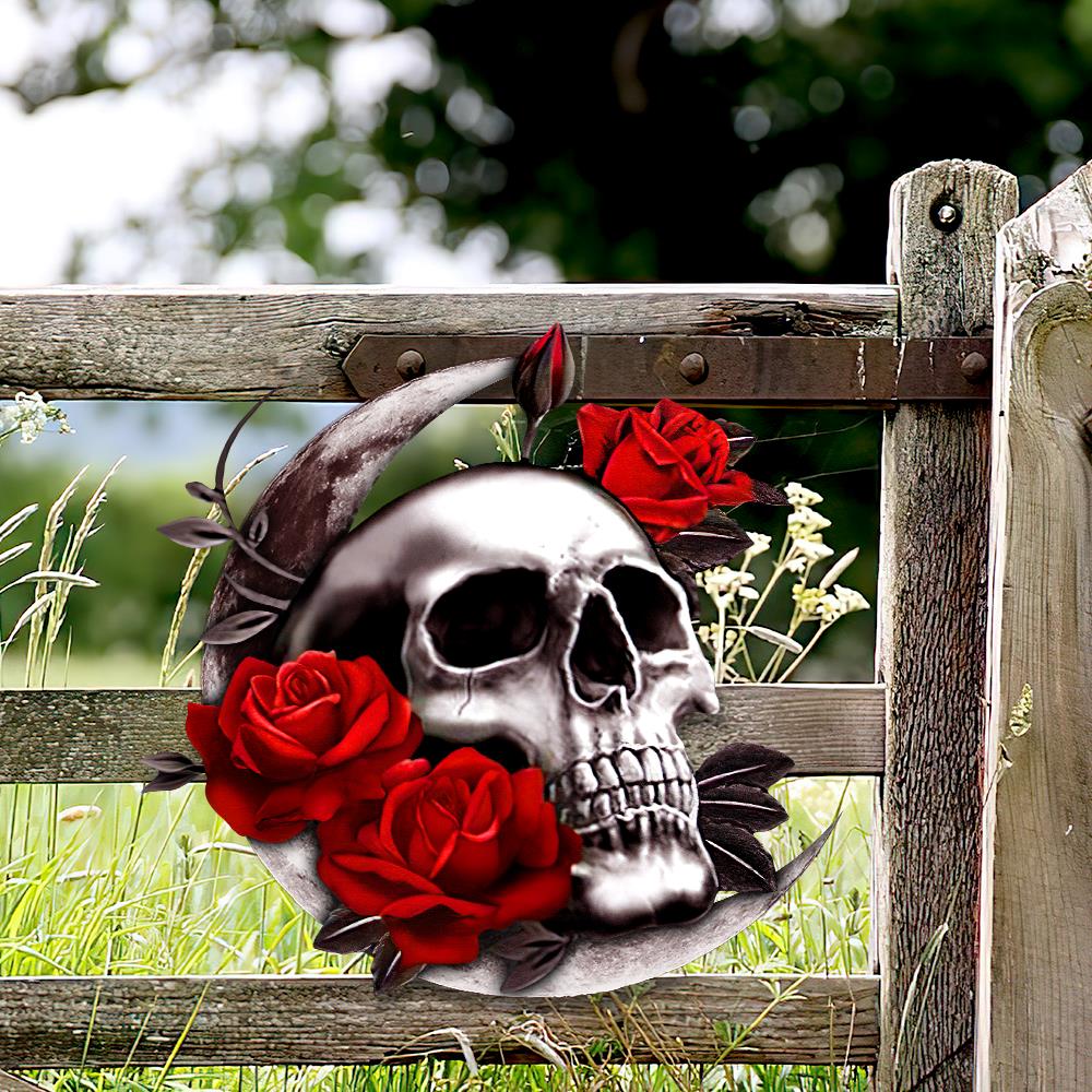 Skull Moon Rose Hanging Metal Sign