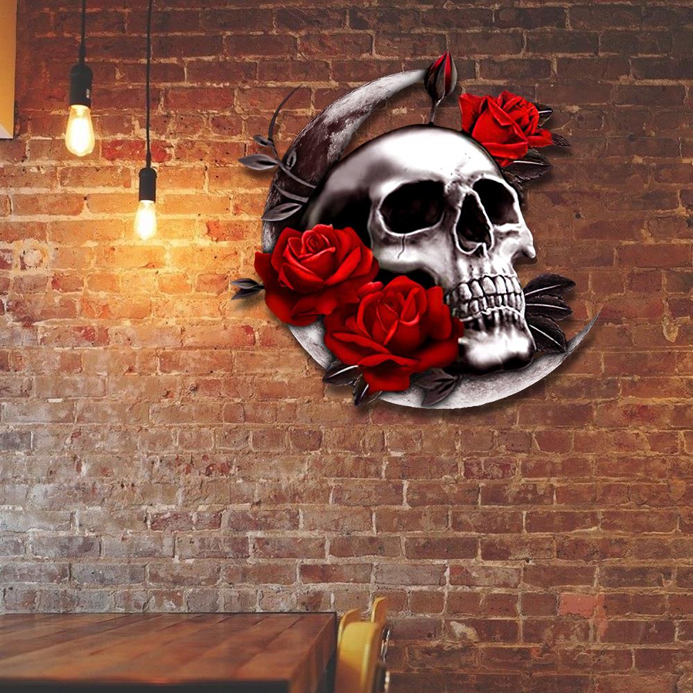 Skull Moon Rose Hanging Metal Sign 1