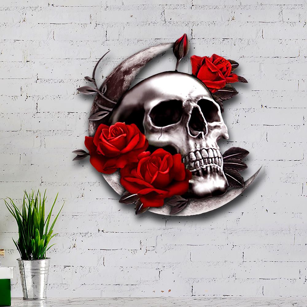 Skull Moon Rose Hanging Metal Sign 1 2