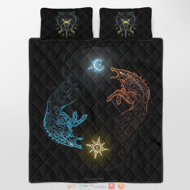 Sons Of Fenrir Hati and Skoll Viking black Quilt Bedding Set 1 2