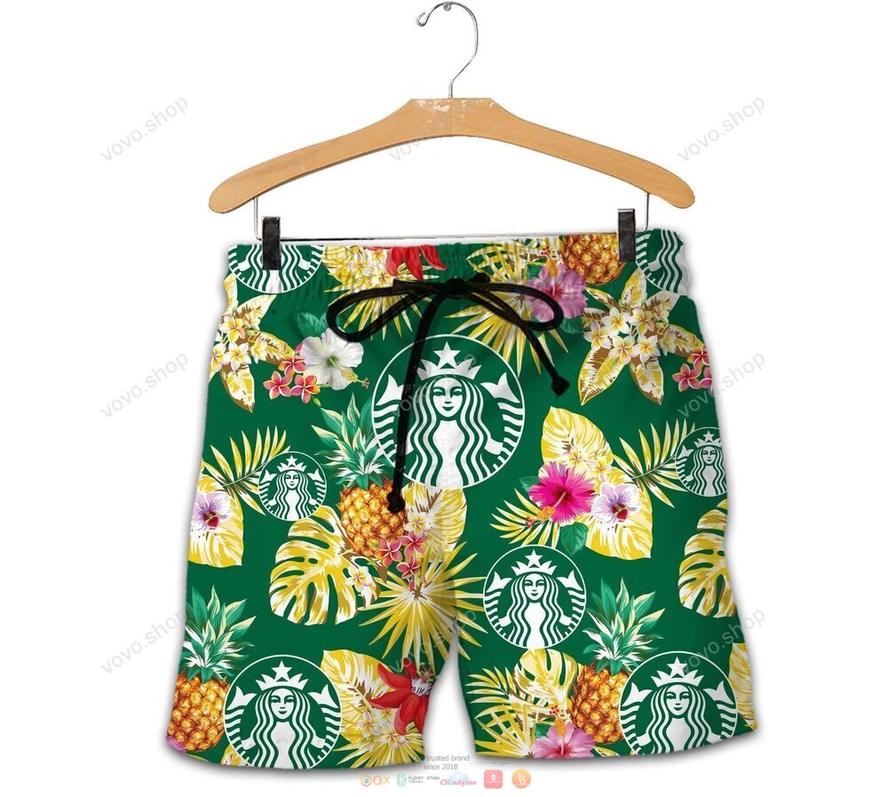 Starbucks green pineapple Hawaiian Shirt shorts 1 2