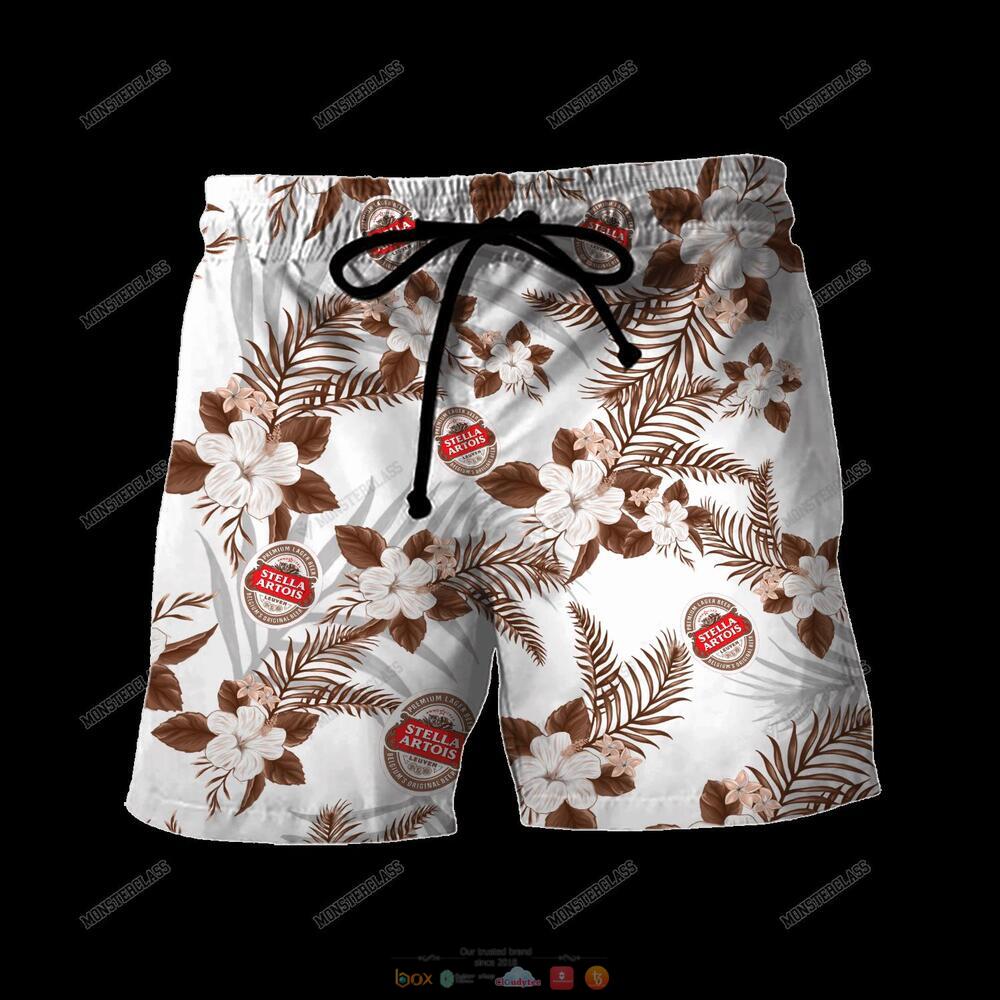 Stella Artois White Brown Tropical Plant Hawaiian Shirt Shorts 1