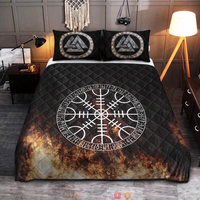 Vegvisir On Fire Valknut Viking black Quilt Bedding Set