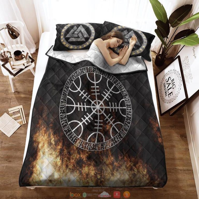 Vegvisir On Fire Valknut Viking black Quilt Bedding Set 1 2