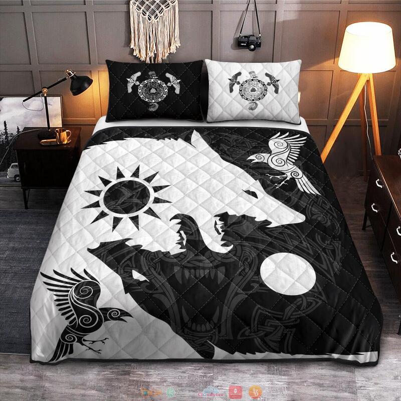 Yin Yang Wolf and Raven Viking Quilt Bedding Set