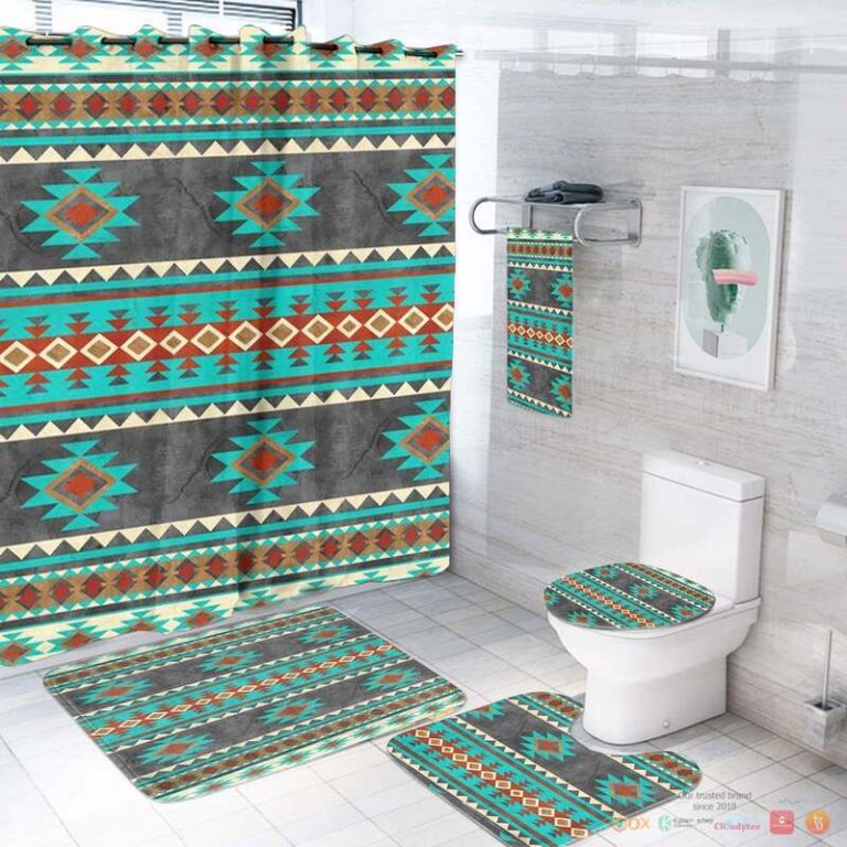 Cyan Grey Pattern Native American Bathroom Set