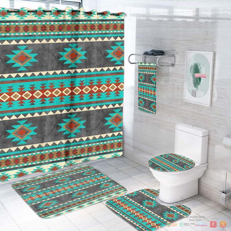 Cyan Grey Pattern Native American Bathroom Set