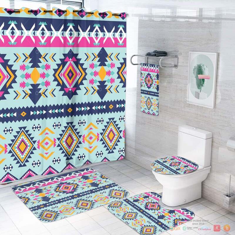 Cyan yellow Pattern Native American Bathroom Set