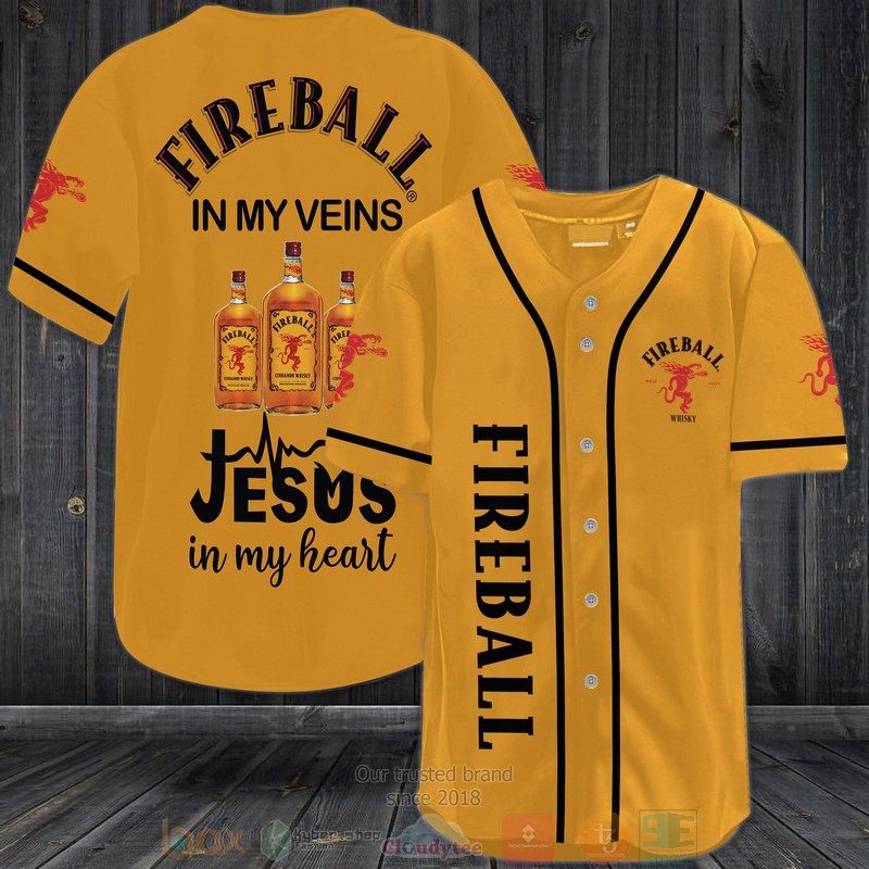Fireball in my veins Jesus in my heart orange Baseball Jersey