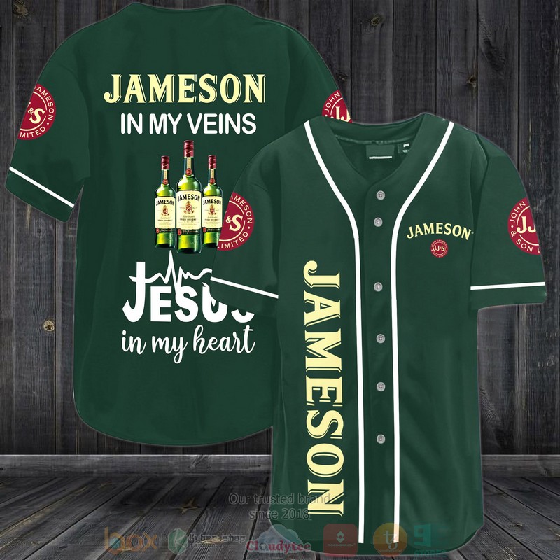 Jameson in my veins Jesus in my heart green Baseball Jersey