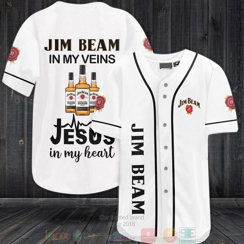 Jim Beam in my veins Jesus in my heart white Baseball Jersey