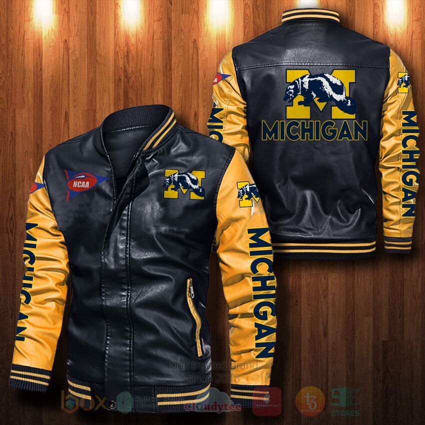 NCAA Michigan Wolverines Leather Bomber Jacket 1 2 3 4 5