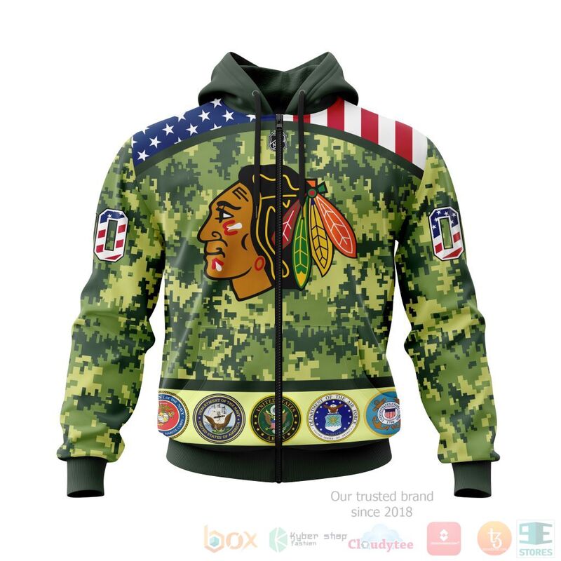 NHL Chicago BlackHawks Honor Military With Green Camo Color 3D Hoodie Shirt 1