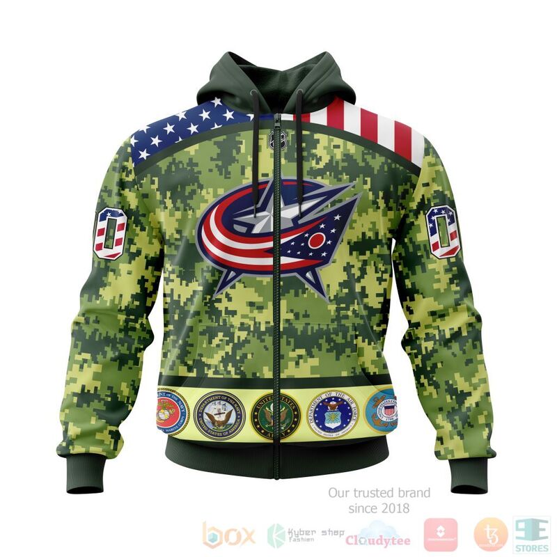NHL Columbus Blue Jackets Honor Military With Green Camo Color 3D Hoodie Shirt 1